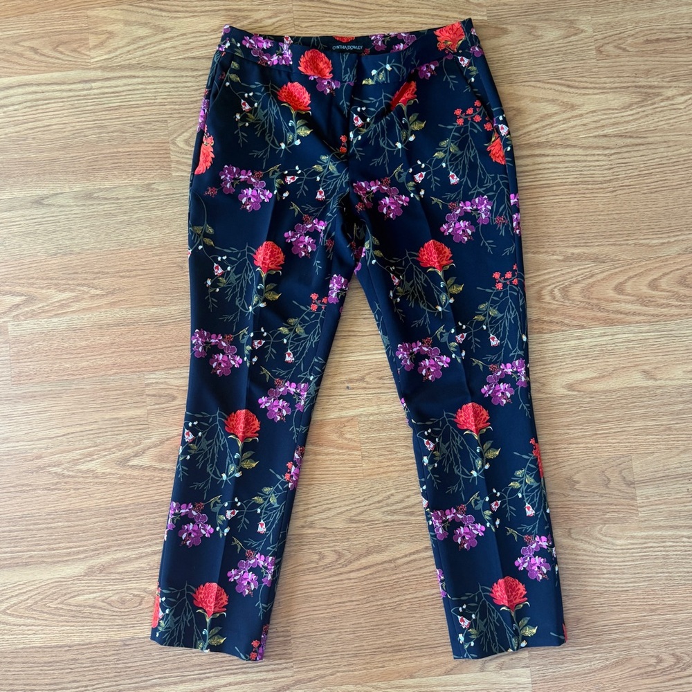 Women’s Floral Stretch Ponte Pants - Black with Pink & Red Blooms